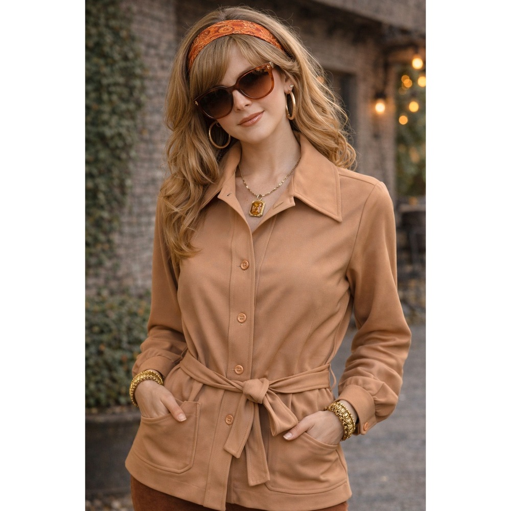 Vintage Country Craft Tan Safari Jacket Button Up Belted Shirt 1970s Camel Top